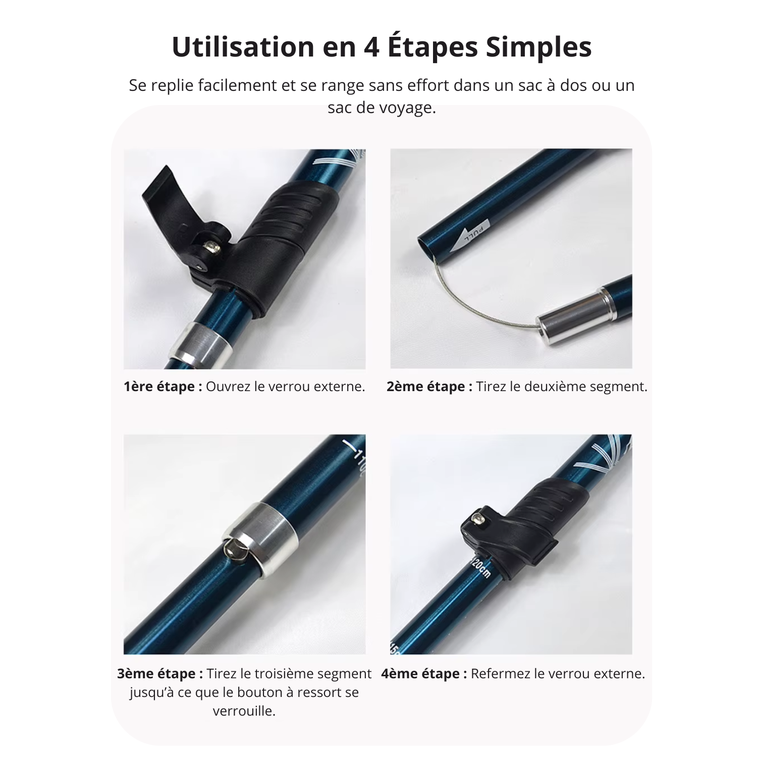 TrekPro Ultra-Light 125 — Bâton de Randonnée Pliable Aluminium | Compact & Confort pour Marcheurs 155 à 185 cm