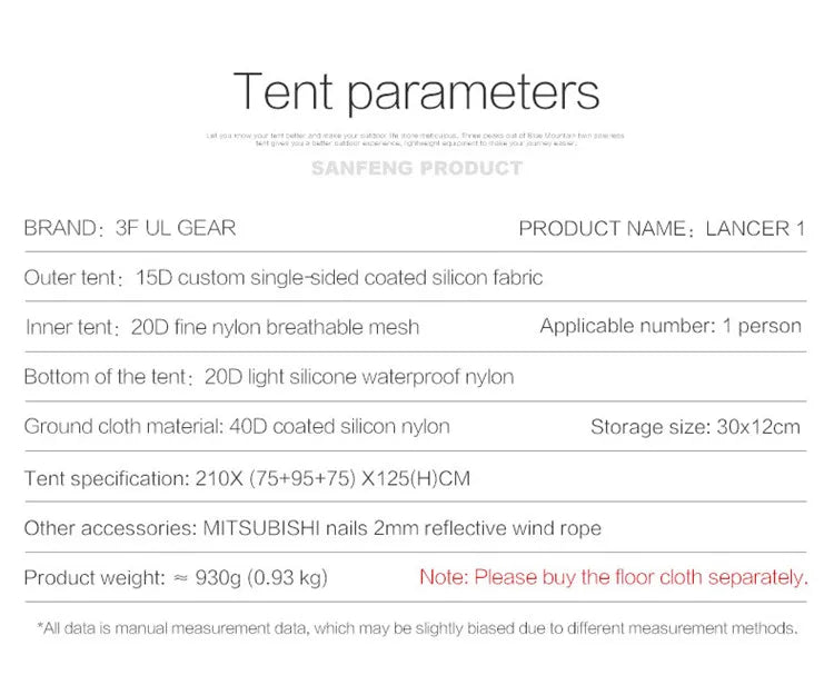 FLAME'S CREED Lanshan 1 Person Oudoor Ultralight Camping Tent Single Man 3 Season Professional 15D Silnylon Rodless Tent