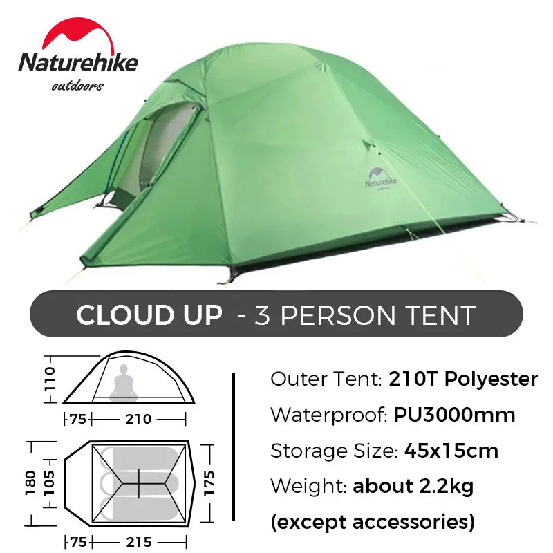 Naturehike Cloud Up 1 2 3 Tent Ultralight Camping Tent Double Layer Waterproof Tent Outdoor Hiking Backpacking Tent with Mat
