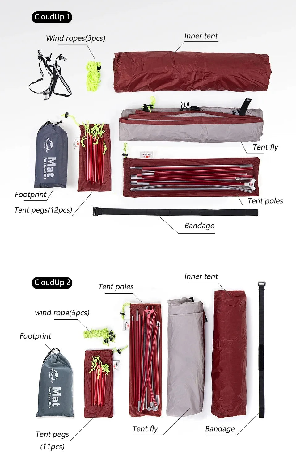 Naturehike Cloud Up 1 2 3 Tent Ultralight Camping Tent Double Layer Waterproof Tent Outdoor Hiking Backpacking Tent with Mat