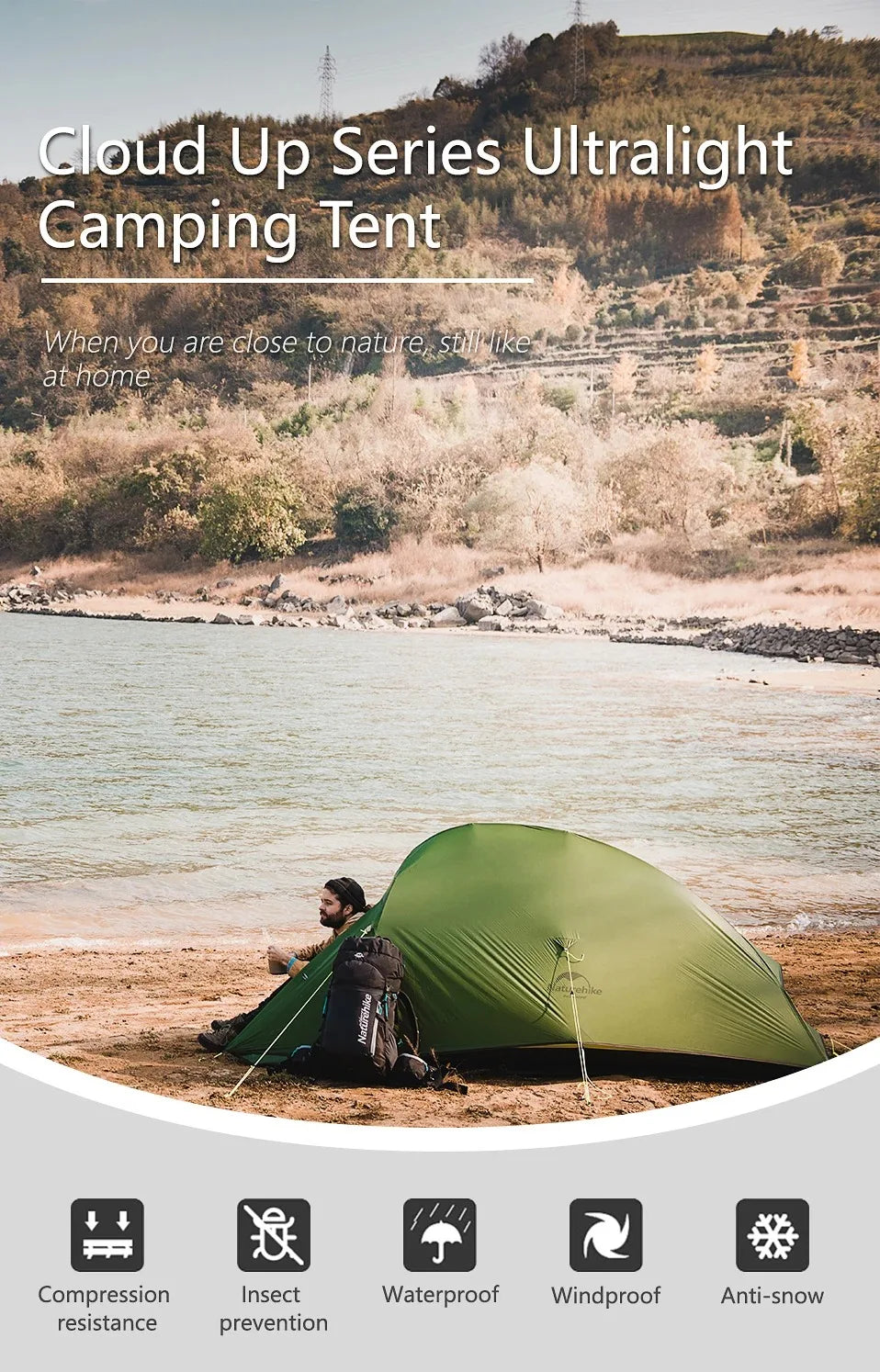 Naturehike Cloud Up 1 2 3 Tent Ultralight Camping Tent Double Layer Waterproof Tent Outdoor Hiking Backpacking Tent with Mat