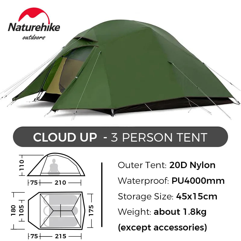 Naturehike Cloud Up 1 2 3 Tent Ultralight Camping Tent Double Layer Waterproof Tent Outdoor Hiking Backpacking Tent with Mat