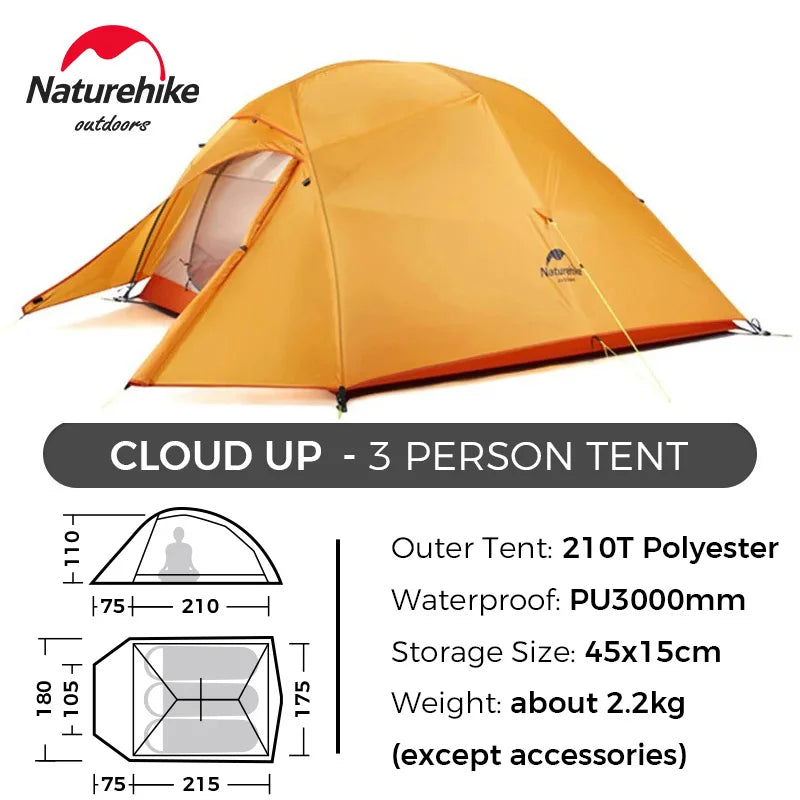 Naturehike Cloud Up 1 2 3 Tent Ultralight Camping Tent Double Layer Waterproof Tent Outdoor Hiking Backpacking Tent with Mat