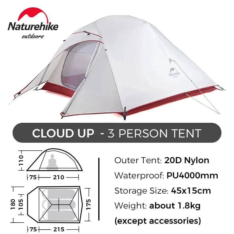 Naturehike Cloud Up 1 2 3 Tent Ultralight Camping Tent Double Layer Waterproof Tent Outdoor Hiking Backpacking Tent with Mat