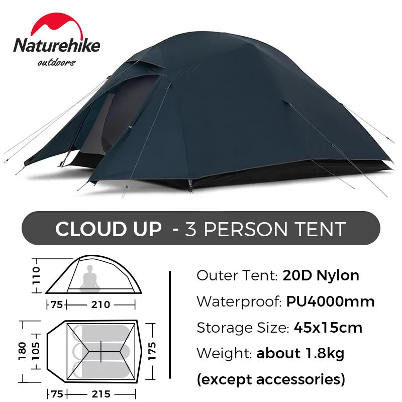 Naturehike Cloud Up 1 2 3 Tent Ultralight Camping Tent Double Layer Waterproof Tent Outdoor Hiking Backpacking Tent with Mat