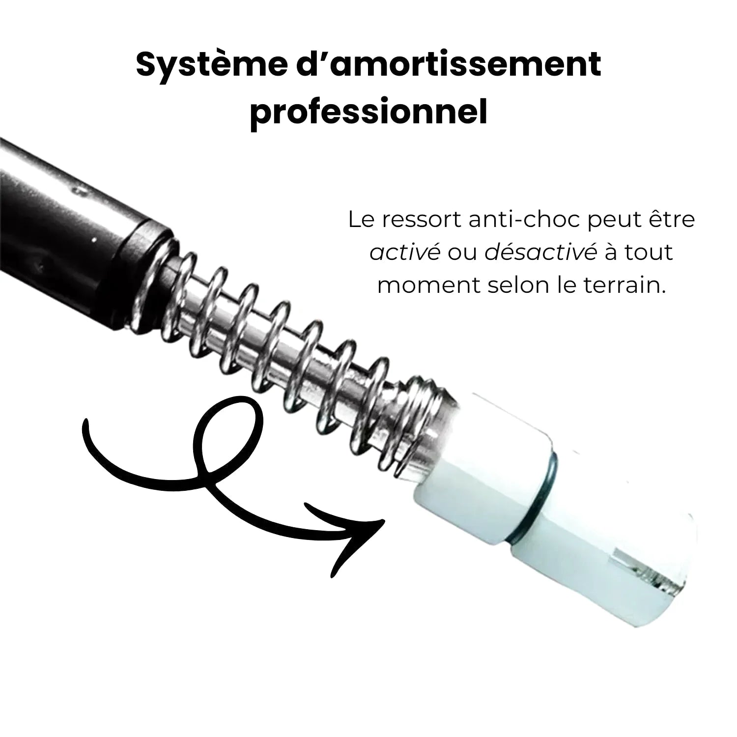 Professional shock absorption system featuring a metallic coil spring housed within black and white plastic end caps