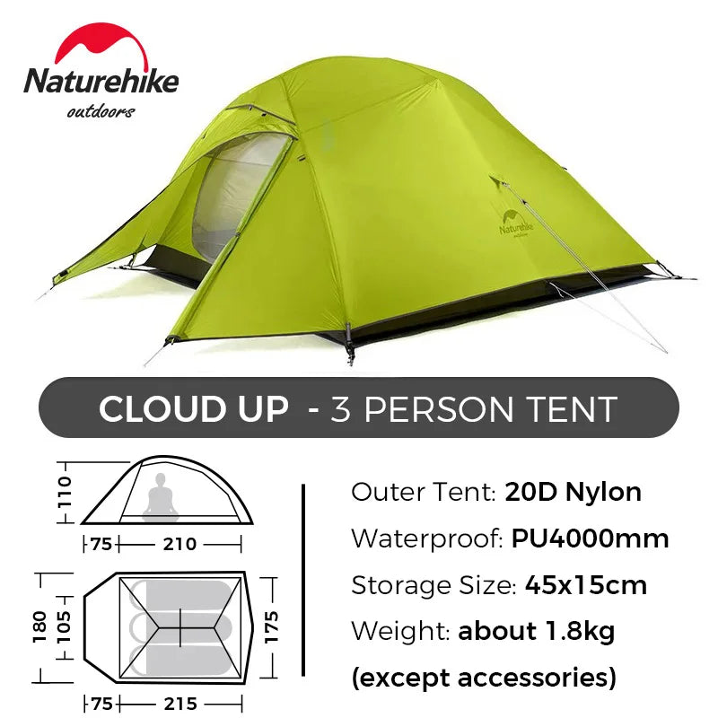 Naturehike Cloud Up 1 2 3 Tent Ultralight Camping Tent Double Layer Waterproof Tent Outdoor Hiking Backpacking Tent with Mat