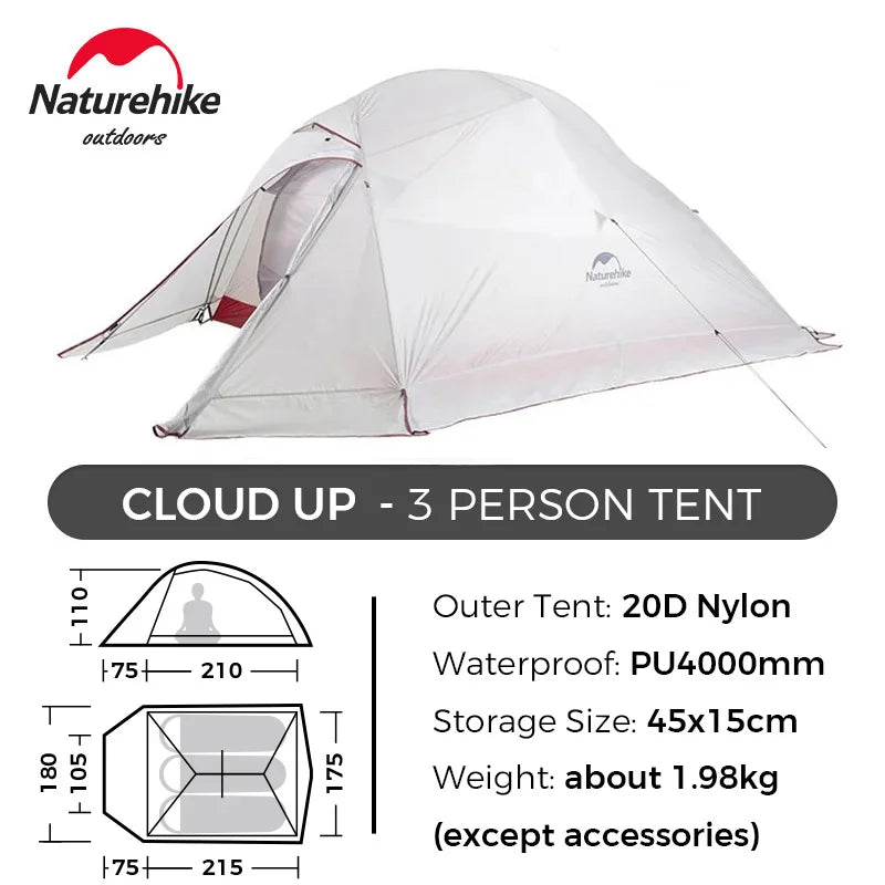 Naturehike Cloud Up 1 2 3 Tent Ultralight Camping Tent Double Layer Waterproof Tent Outdoor Hiking Backpacking Tent with Mat