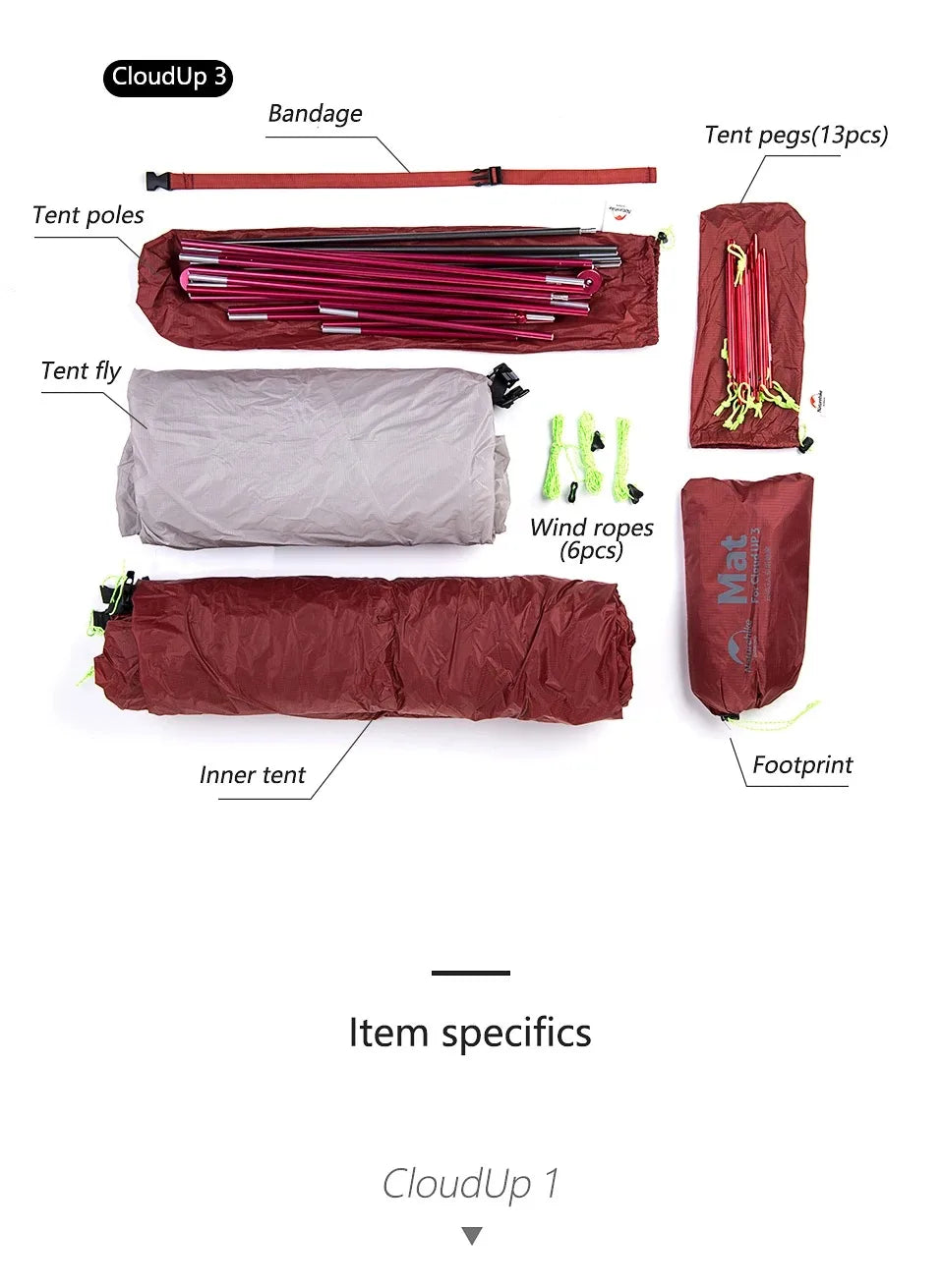 Naturehike Cloud Up 1 2 3 Tent Ultralight Camping Tent Double Layer Waterproof Tent Outdoor Hiking Backpacking Tent with Mat