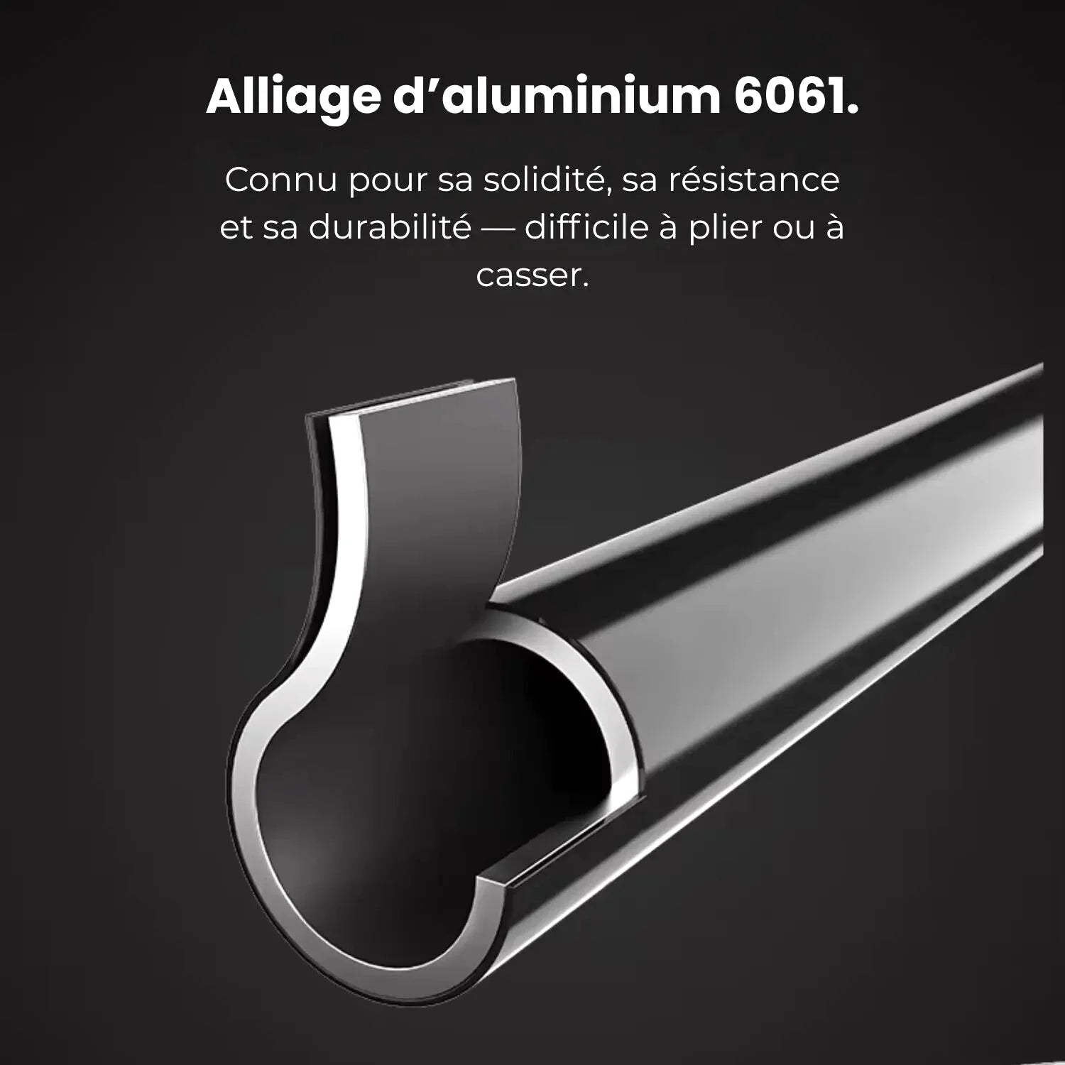 A sleek, metallic aluminum 6061 profile with a polished silver finish and precise, engineered contours