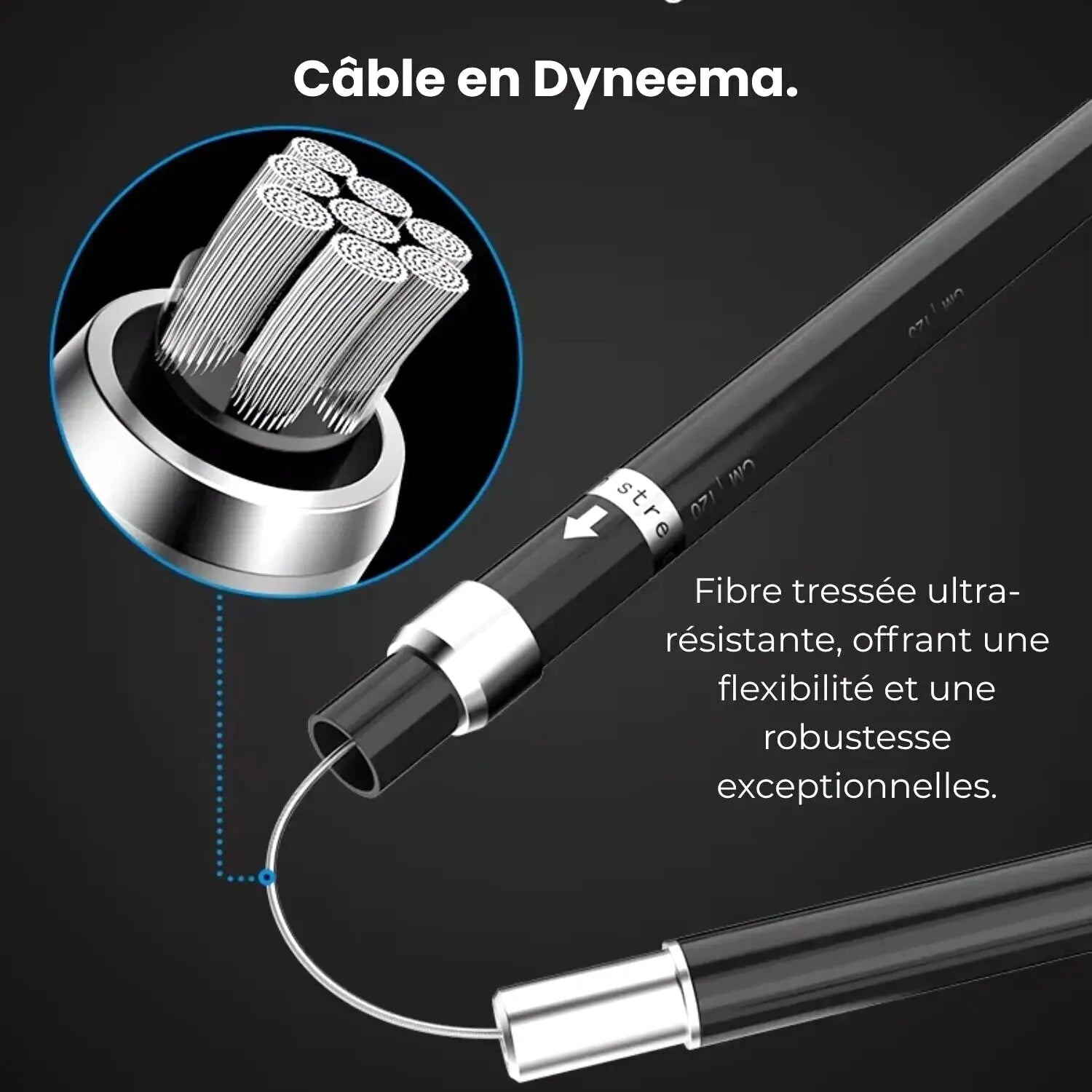Black dyneema cable with a sleek, reinforced design and metallic silver connectors