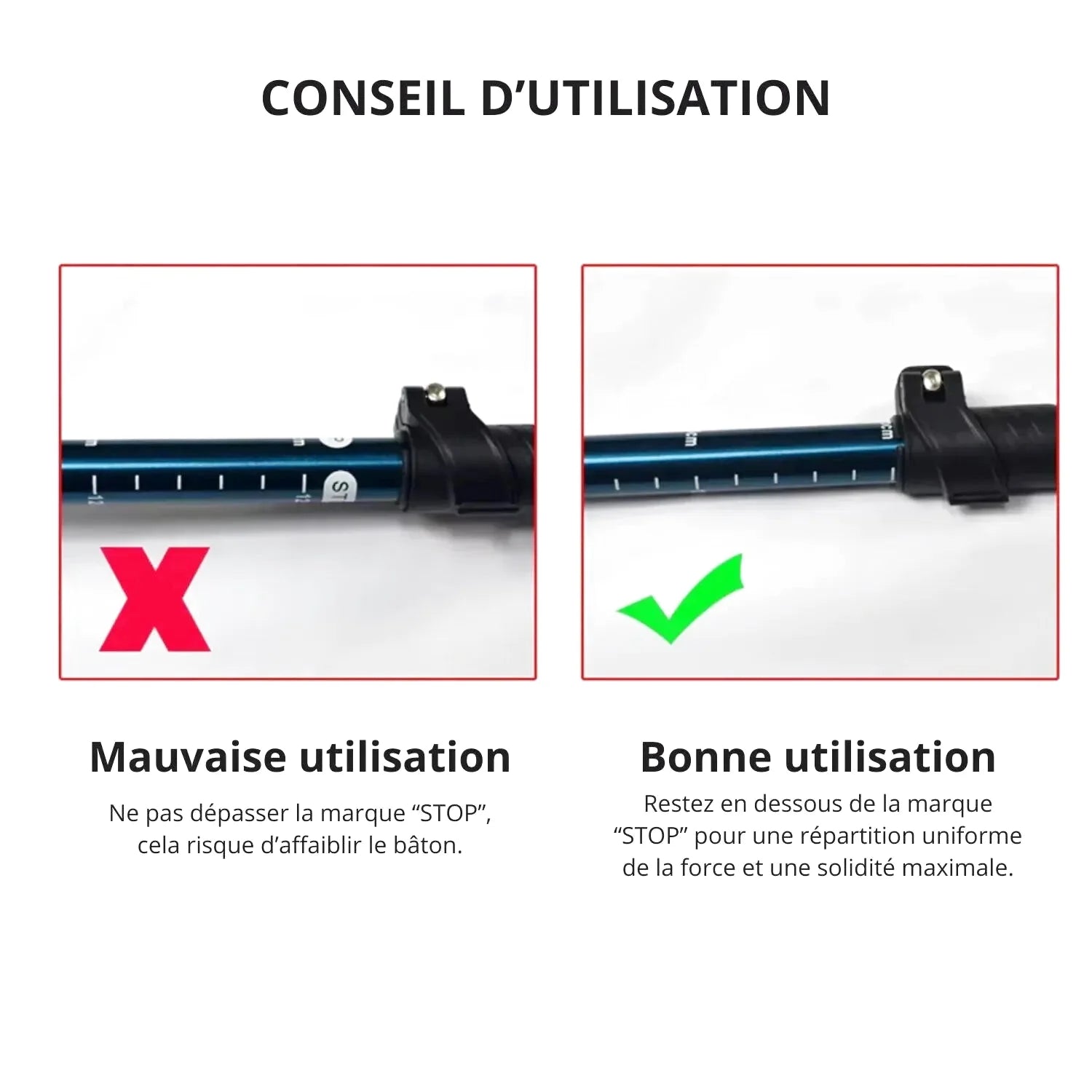 Blue telescopic hiking pole with black grip and measurement markings