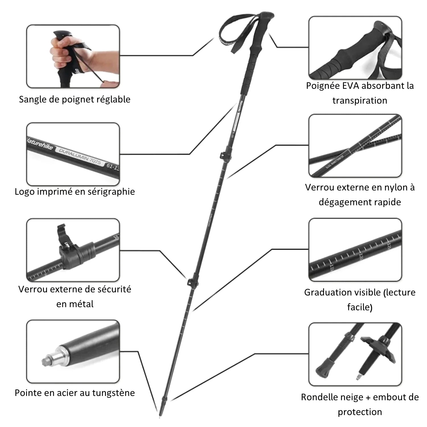 Bâton De Randonnée Télescopiques (56–135 cm) Quick Lock - Aluminium 7075 - Naturehike 135 - Esprit Rando