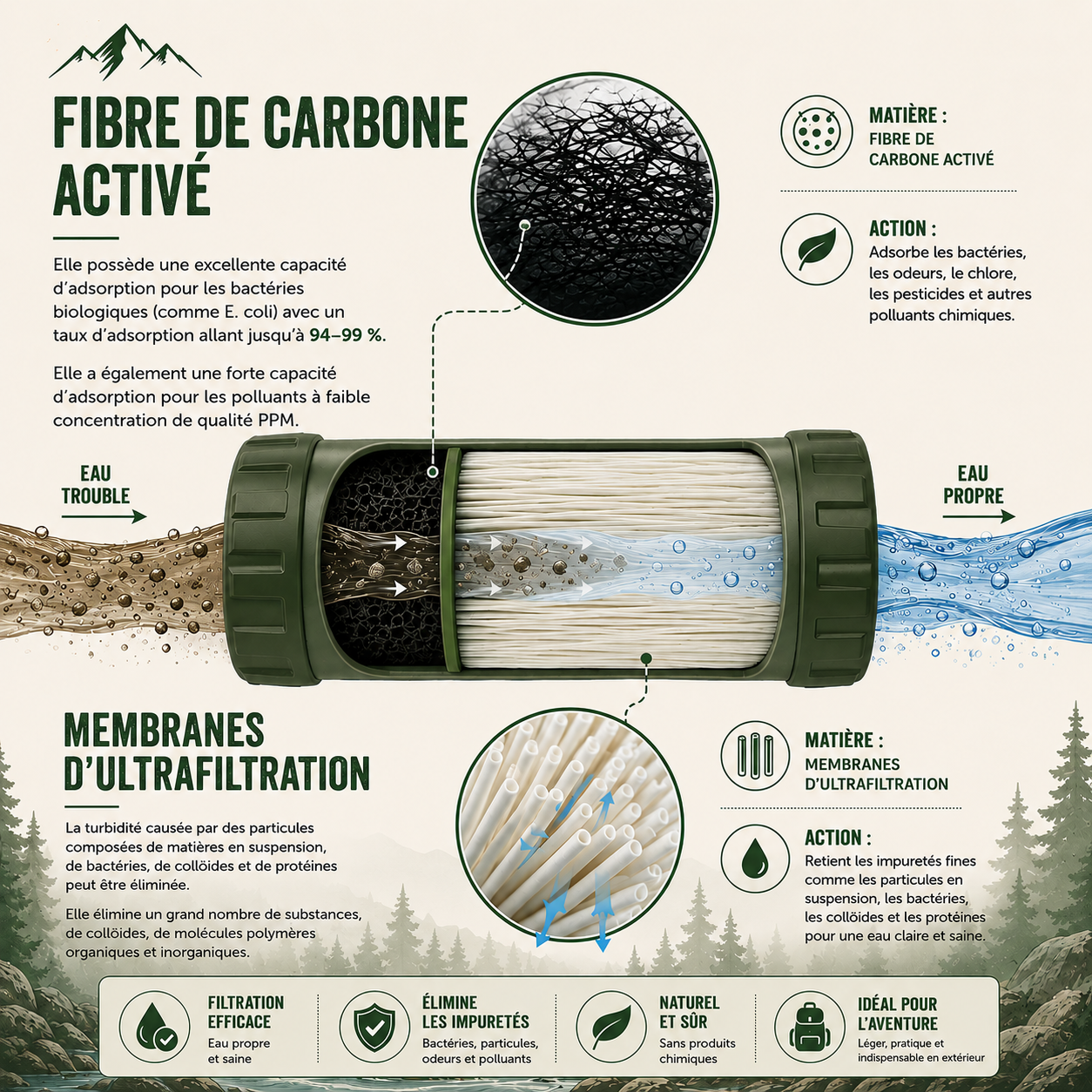 Gourde Filtrante Randonnée 750ML – Filtration Portable & Réutilisable Outdoor